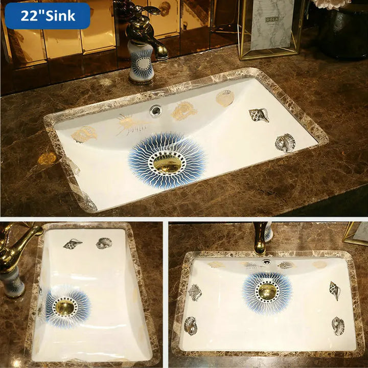 Victorian Artistic Ocean Breeze Rectangular Undercounter Wash Basin Mediterranean Styles Ceramic Drop-in Bathroom Sink