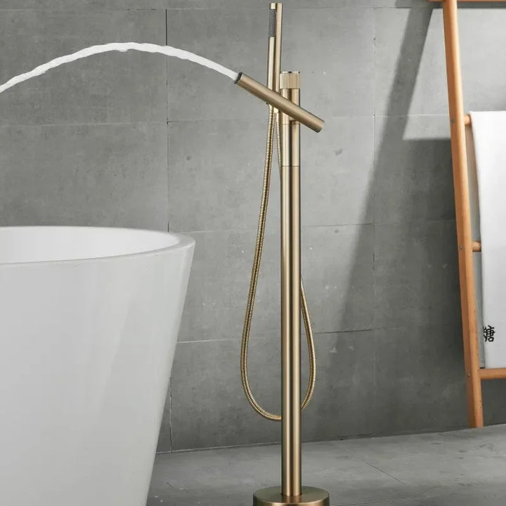 Browning - Brushed Gold Floor Stand Bathtub Faucet Brush Gold Bathtub Stand Tap Shower Mixer Brass Shower Gold  Floor Bathtub Stand Faucet