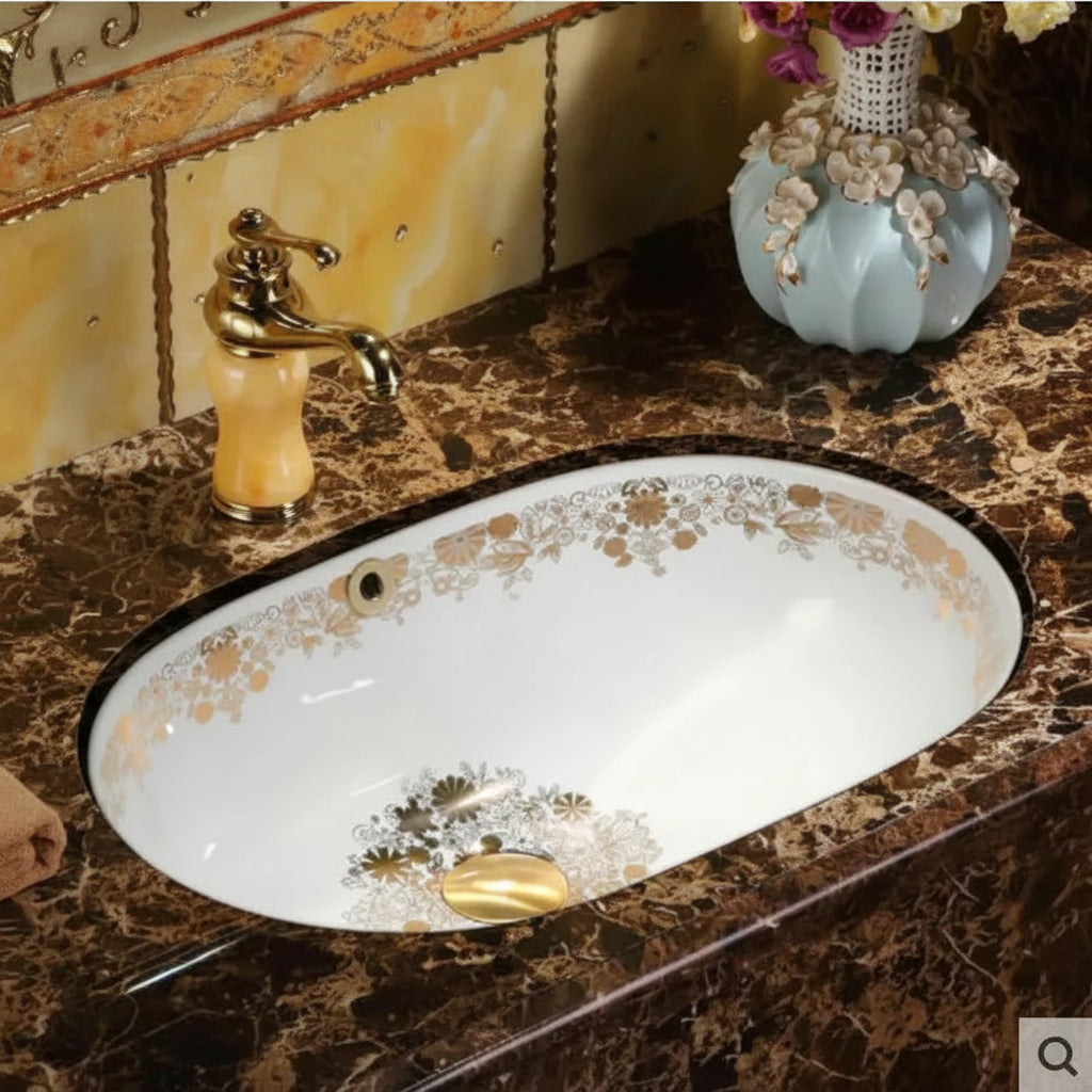 Artisan Victorian  Sunflower Rectangular Lavabo Undercounter Oval Ceramic Wash Basin with Overflow Drop In Bathroom Vanity Sink