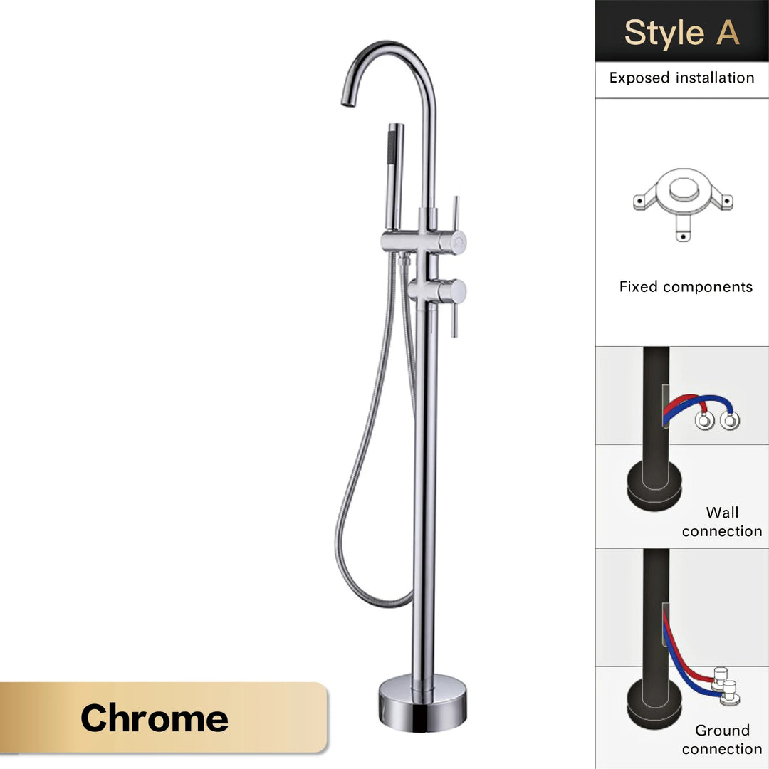 Zig- Brass Bathroom Freestanding Bathtub filler faucet. Floor Standing Design with Simple 2 Handle Hot and Cold Bathtub and Dual-Mode Faucet