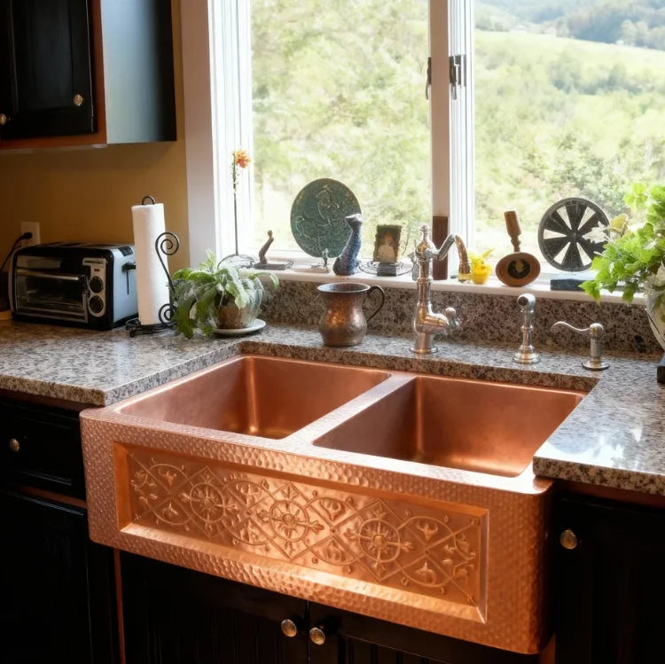Old World Style Custom Handmade Copper Farmhouse Sink Single Bowl Curve Apron Front Hand Hammer Design Kitchen Basin