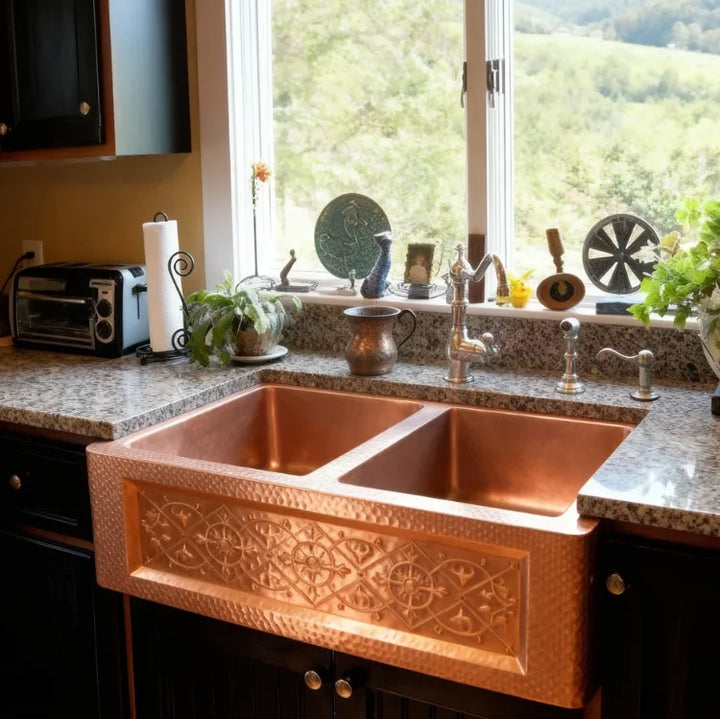 Old World Style Custom Handmade Copper Farmhouse Sink Single Bowl Curve Apron Front Hand Hammer Design Kitchen Basin
