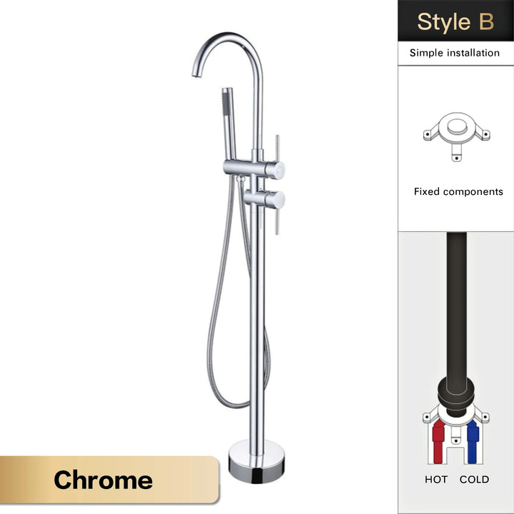 Zig- Brass Bathroom Freestanding Bathtub filler faucet. Floor Standing Design with Simple 2 Handle Hot and Cold Bathtub and Dual-Mode Faucet