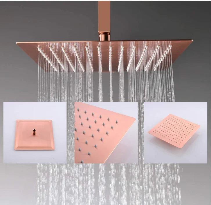 Copper satin square 12 inches rain head -3 way function diverter-pressure balance shower with hand spray and 6 body jets completed shower kit