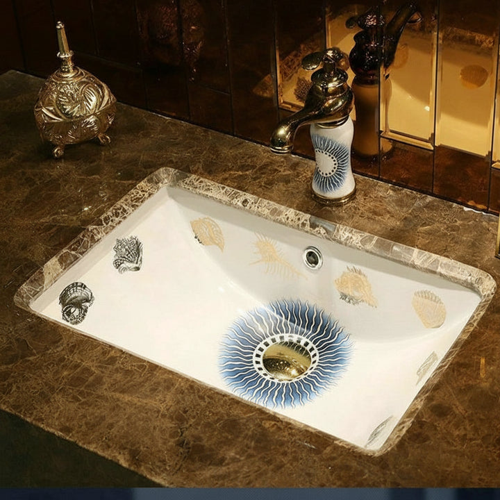 Victorian Artistic Ocean Breeze Rectangular Undercounter Wash Basin Mediterranean Styles Ceramic Drop-in Bathroom Sink