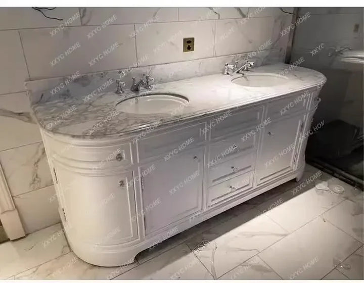 White Victorian American oak bathroom cabinet combination bathroom floor-to-ceiling marble washstand European solid wood