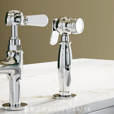Victorian bridge kitchen faucet with porcelain handles and pull out spray