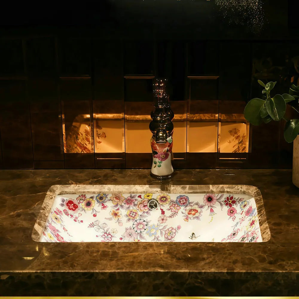 Victorian Artisan  Artistic Home Decoration Blooming Flowers Rectangular Under Counter Ceramic Wash Basin Drop-in Bathroom Vanity Sink