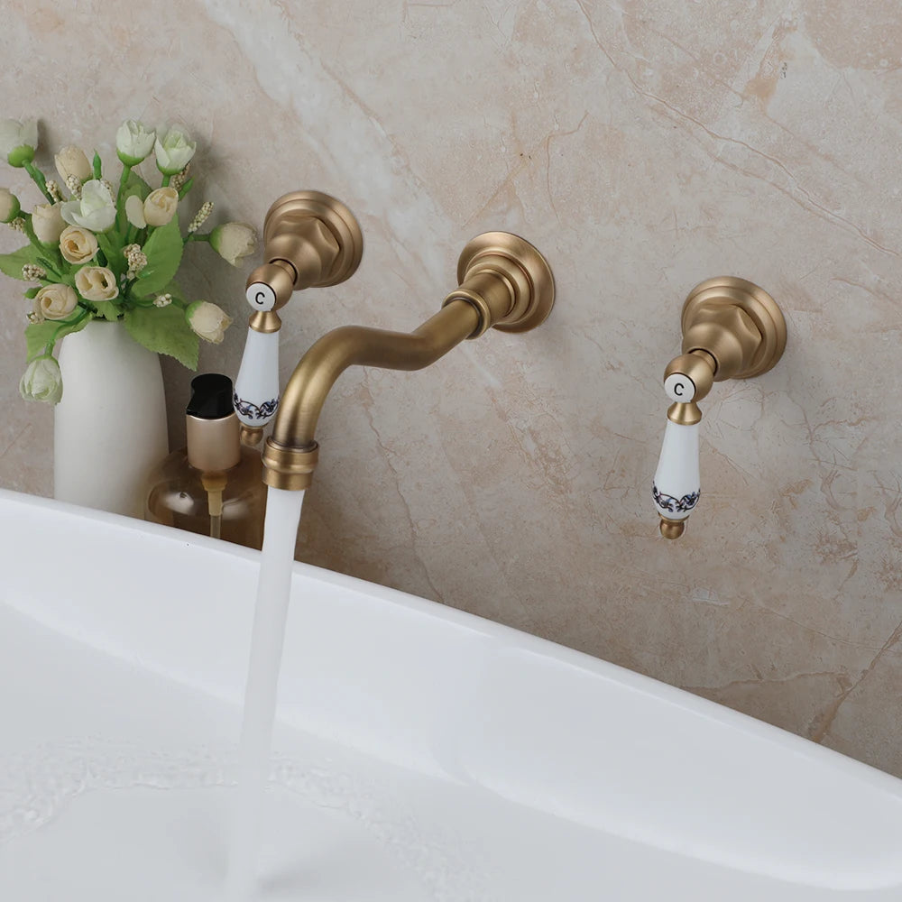 Richard II- Victorian Antique Brass Bathroom Widespread Sink Faucet Wall Mount 3 Holes 2 lever Knobs Brass Lavatory Basin Mixer Tap Mixing