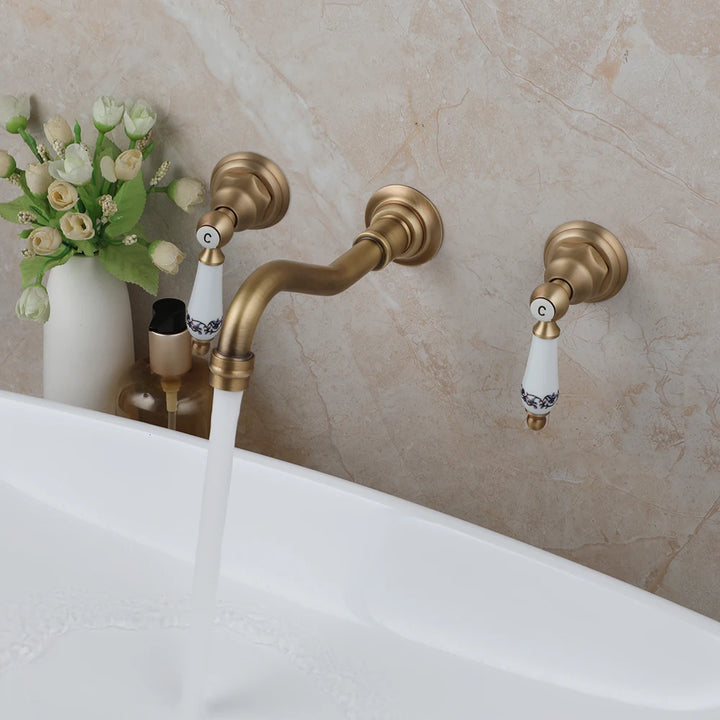 Richard II- Victorian Antique Brass Bathroom Widespread Sink Faucet Wall Mount 3 Holes 2 lever Knobs Brass Lavatory Basin Mixer Tap Mixing