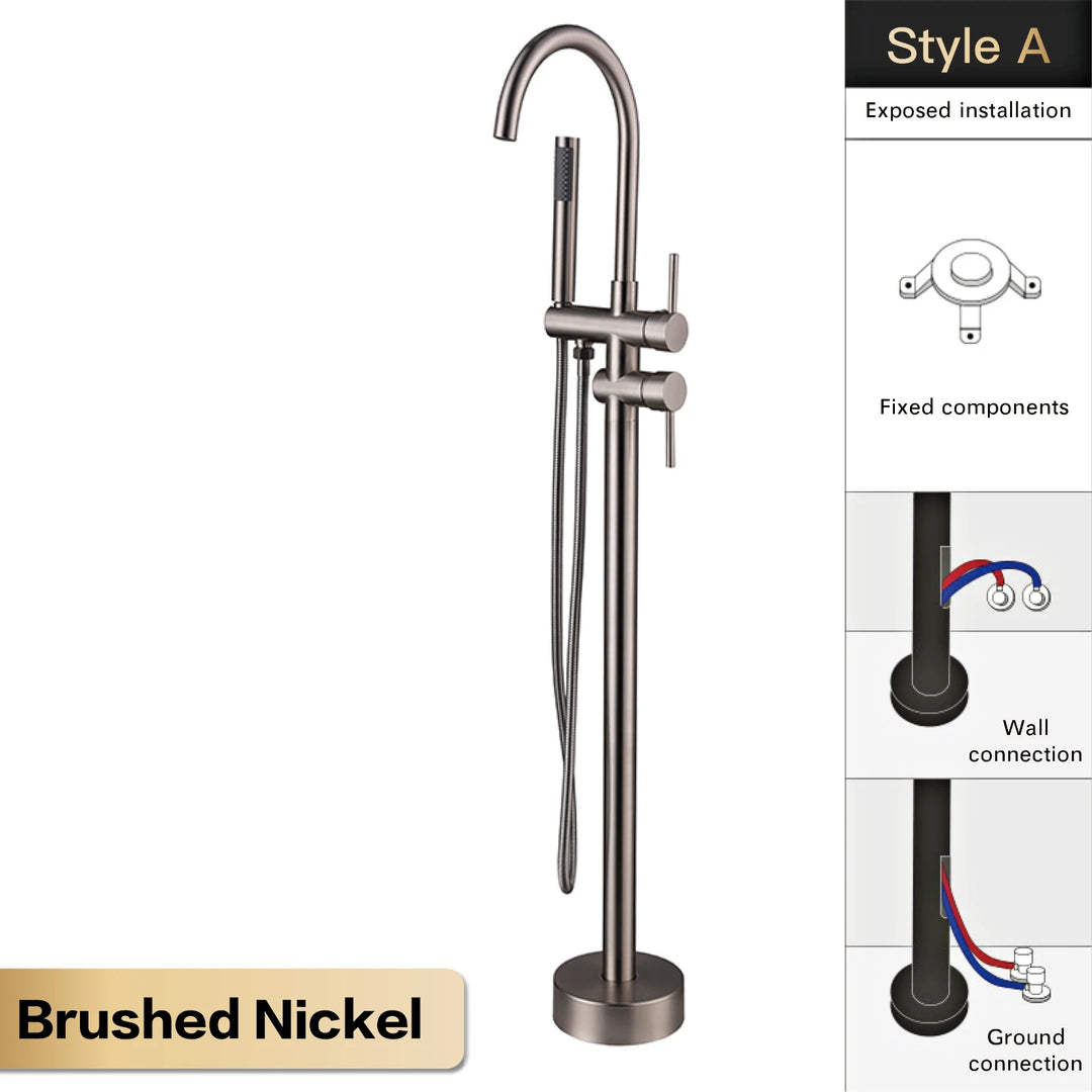 Zig- Brass Bathroom Freestanding Bathtub filler faucet. Floor Standing Design with Simple 2 Handle Hot and Cold Bathtub and Dual-Mode Faucet