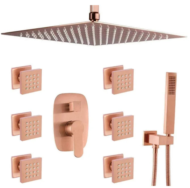 Copper satin square 12 inches rain head -3 way function diverter-pressure balance shower with hand spray and 6 body jets completed shower kit