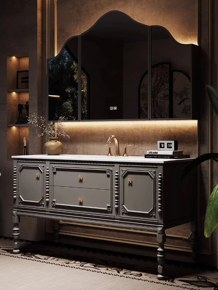 French Luis XIV Retro Oak Bathroom Vanity Cabinet Floor-to-Ceiling Rock Slab Washstand with Mirror And Light Solid Wood