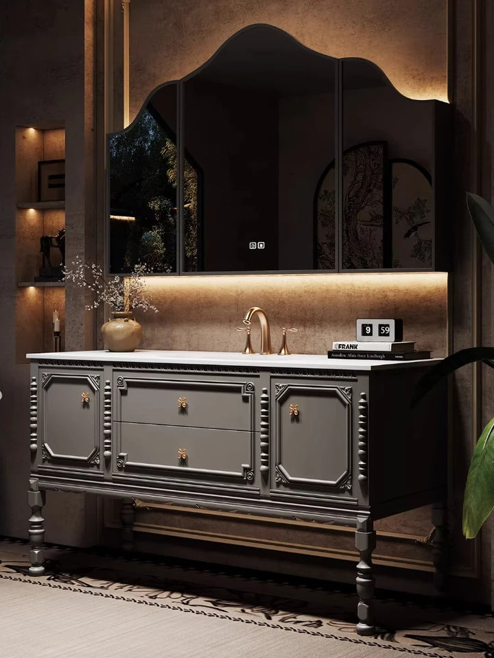 French Luis XIV Retro Oak Bathroom Vanity Cabinet Floor-to-Ceiling Rock Slab Washstand with Mirror And Light Solid Wood