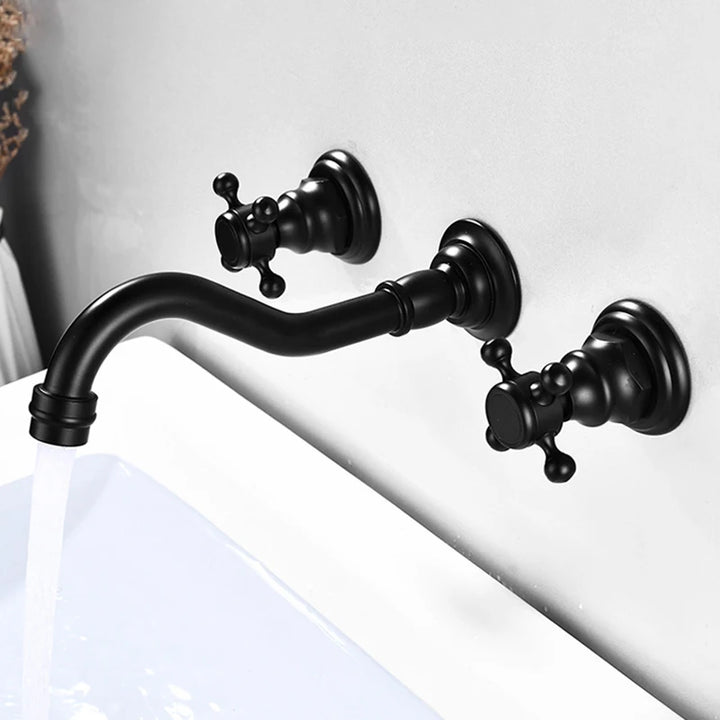 Victorian  Antique Brass Widespread Wall Mount Bathroom Faucet with 360 Swivel Spout Double Cross Handles Vanity Sink Mixer Tap