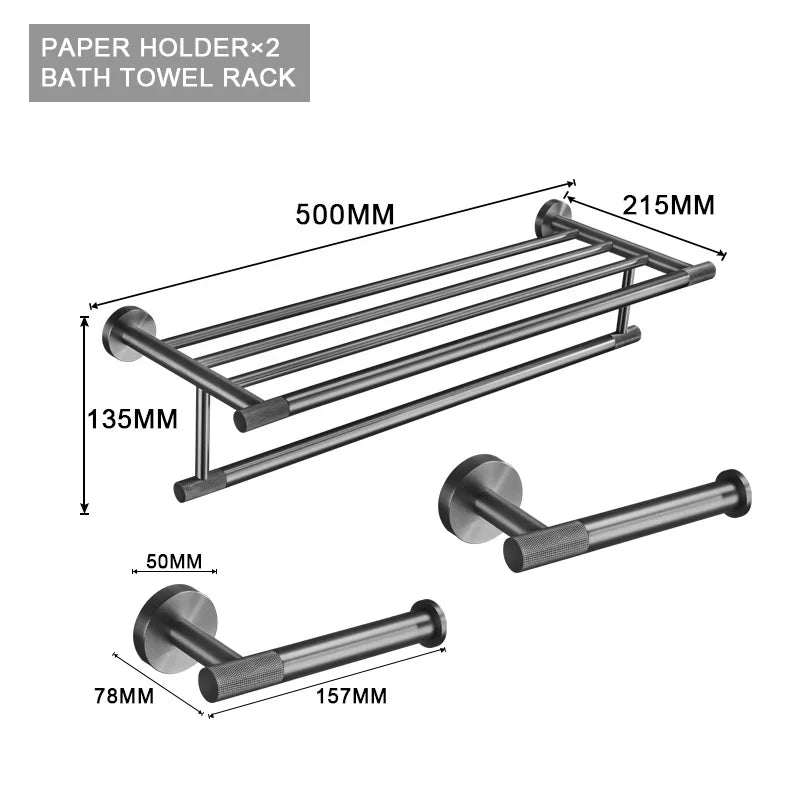 Grey Gun Metal Bathroom Hardware Set Accessories Kit Stainless Steel Round Wall Rack Hand Bar Toilet Roll Paper Holder Robe Towel Hook