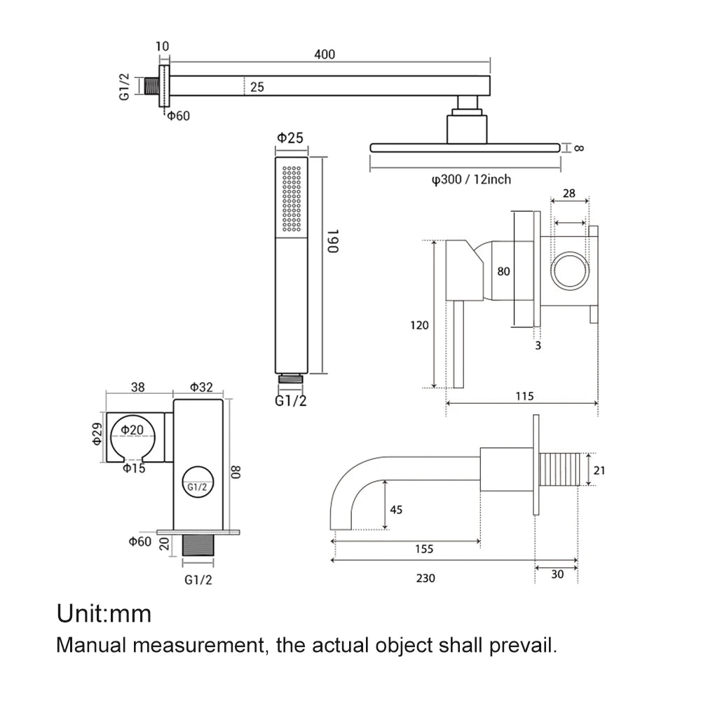 Round 3 way volumen control rain -hand spray and tub spout shower kit
