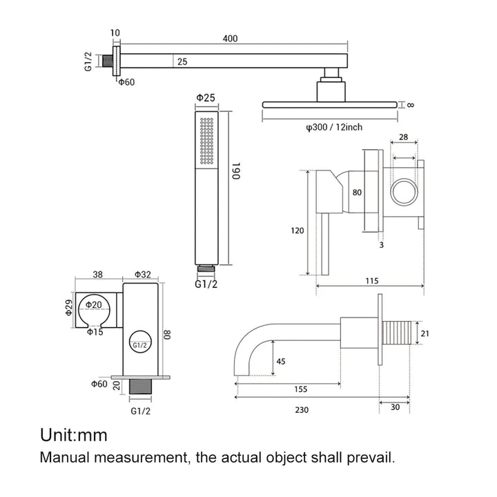 Round 3 way volumen control rain -hand spray and tub spout shower kit