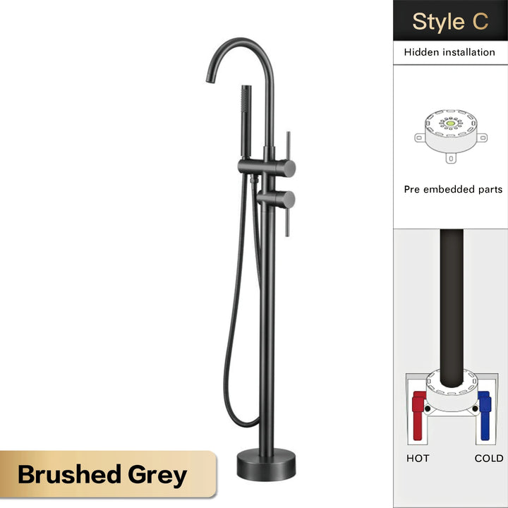 Zig- Brass Bathroom Freestanding Bathtub filler faucet. Floor Standing Design with Simple 2 Handle Hot and Cold Bathtub and Dual-Mode Faucet