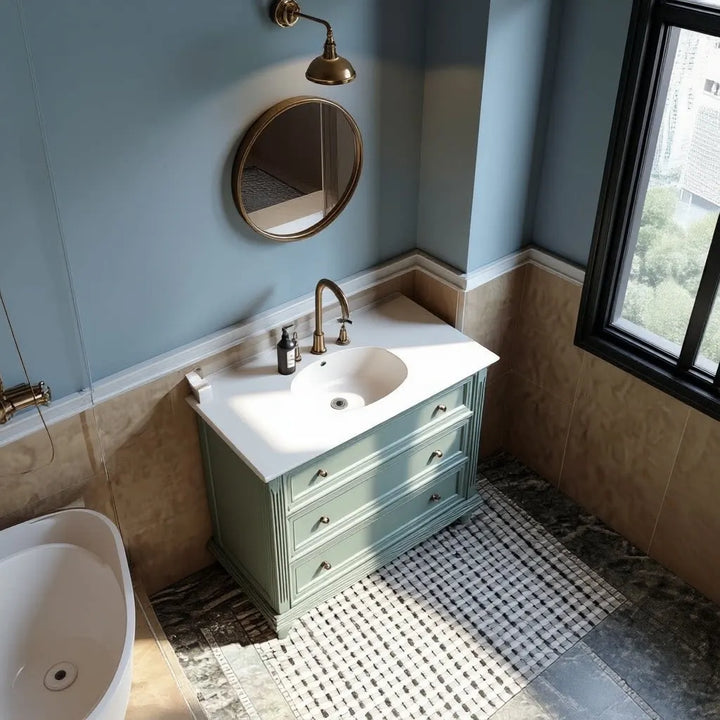Westmount floor-to-ceiling bathroom cabinet, ceramic integrated basin, oak paint washstand, sink bathroom cabinet