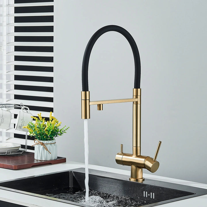 Brazilia 2.0 -Brushed Gold 3 Way  Deck Mounted Kitchen Mixer Tap 360 Rotate Drinking Sink Tap Water Purification Tap Crane For Kitche