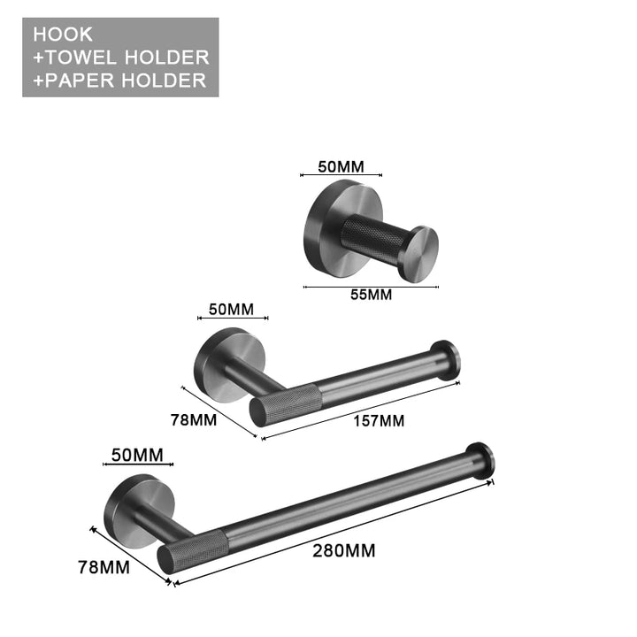 Grey Gun Metal Bathroom Hardware Set Accessories Kit Stainless Steel Round Wall Rack Hand Bar Toilet Roll Paper Holder Robe Towel Hook