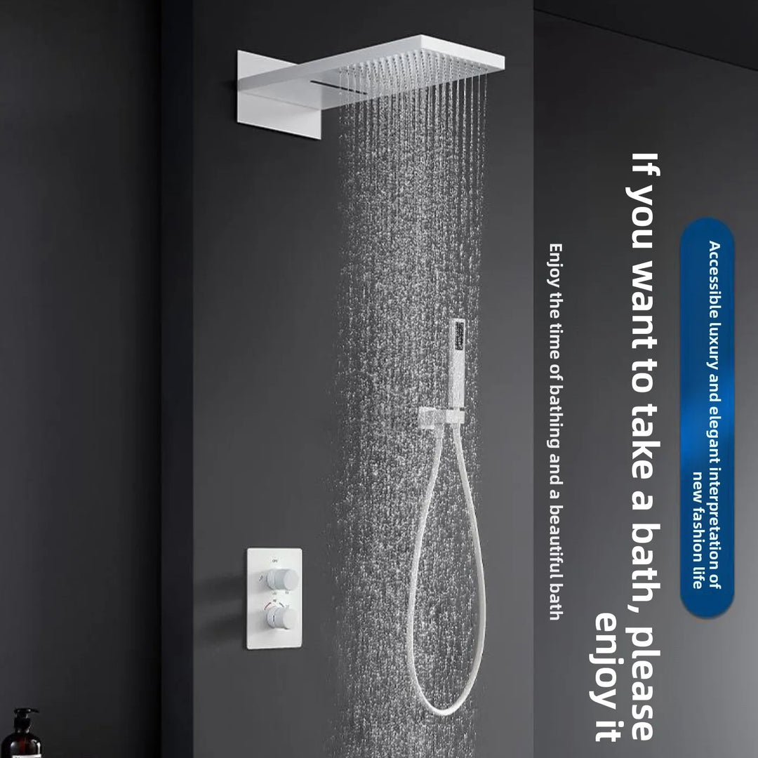 White Matte Full Brass Thermostatic Concealed Wall Mounted Shower Set with Rainfall Showerhead for Bathroom