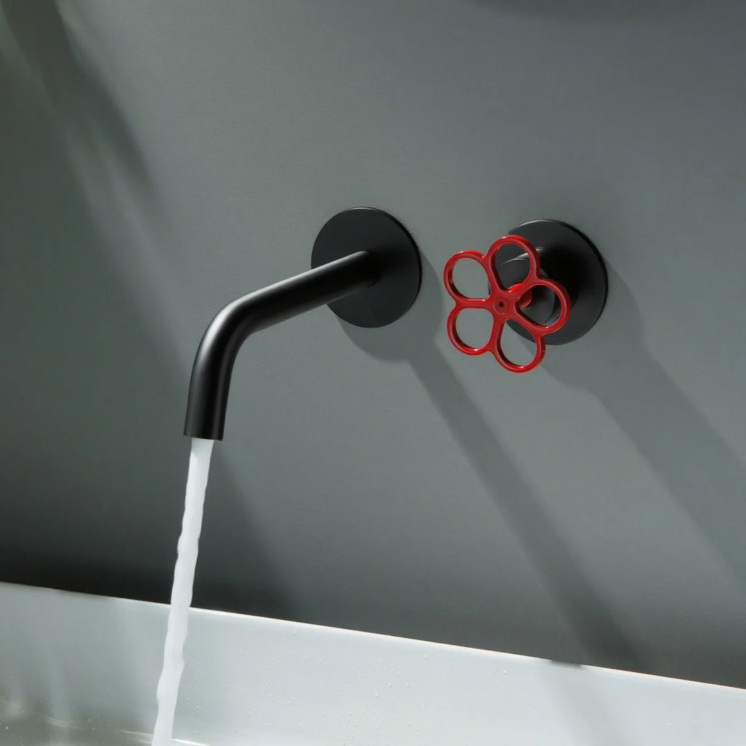 Apollonia-Wall Mounted Bathroom Basin Faucet with Plum Handle Hot Cold Water Mixer Tap