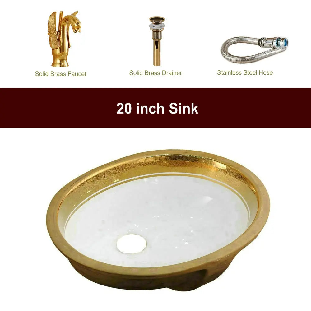 Victorian Luxury Gold Trim Oval Under Counter Basin Oval Undermount Bathroom Sink with Electroplated Gold Rim and Overflow