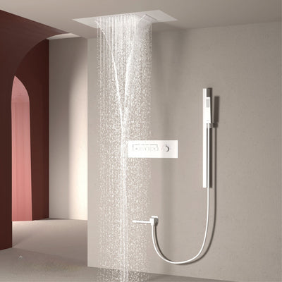 New Nordic Design -White matte led spa ceiling flush mount rectangular rain head 23"x15" 4 way function thermostatic rain waterfall shower system set