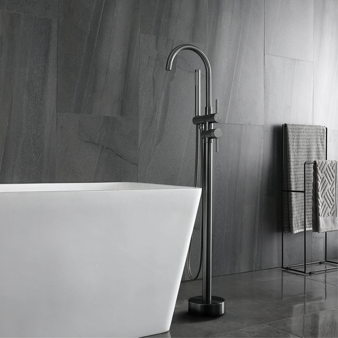 Zig- Brass Bathroom Freestanding Bathtub filler faucet. Floor Standing Design with Simple 2 Handle Hot and Cold Bathtub and Dual-Mode Faucet