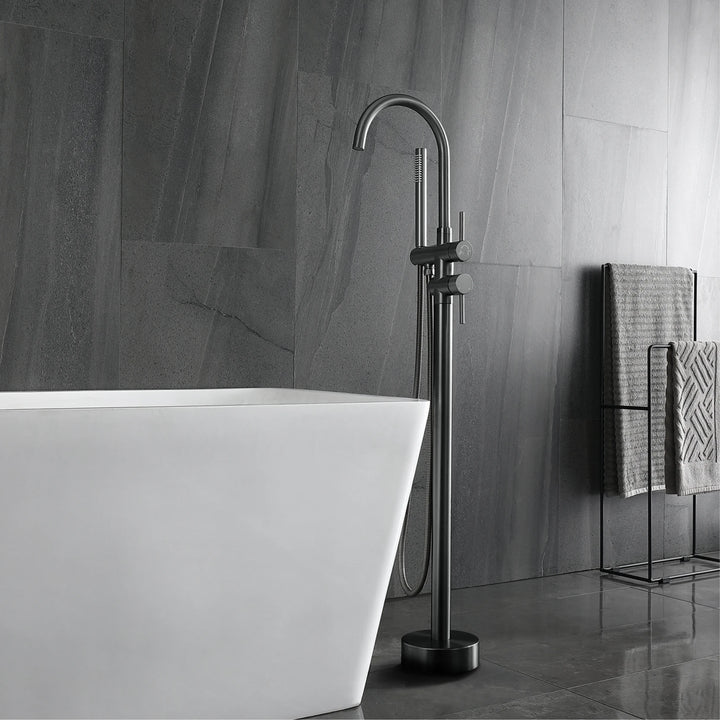 Zig- Brass Bathroom Freestanding Bathtub filler faucet. Floor Standing Design with Simple 2 Handle Hot and Cold Bathtub and Dual-Mode Faucet