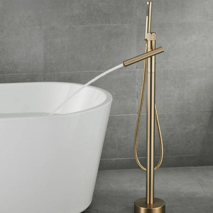 Browning - Brushed Gold Floor Stand Bathtub Faucet Brush Gold Bathtub Stand Tap Shower Mixer Brass Shower Gold  Floor Bathtub Stand Faucet