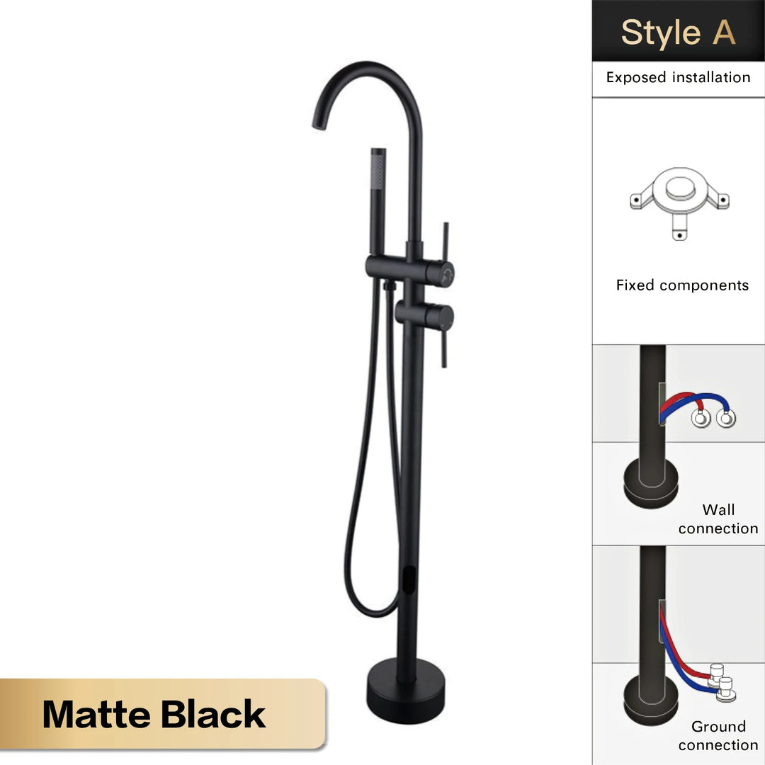 Zig- Brass Bathroom Freestanding Bathtub filler faucet. Floor Standing Design with Simple 2 Handle Hot and Cold Bathtub and Dual-Mode Faucet