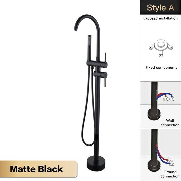 Zig- Brass Bathroom Freestanding Bathtub filler faucet. Floor Standing Design with Simple 2 Handle Hot and Cold Bathtub and Dual-Mode Faucet
