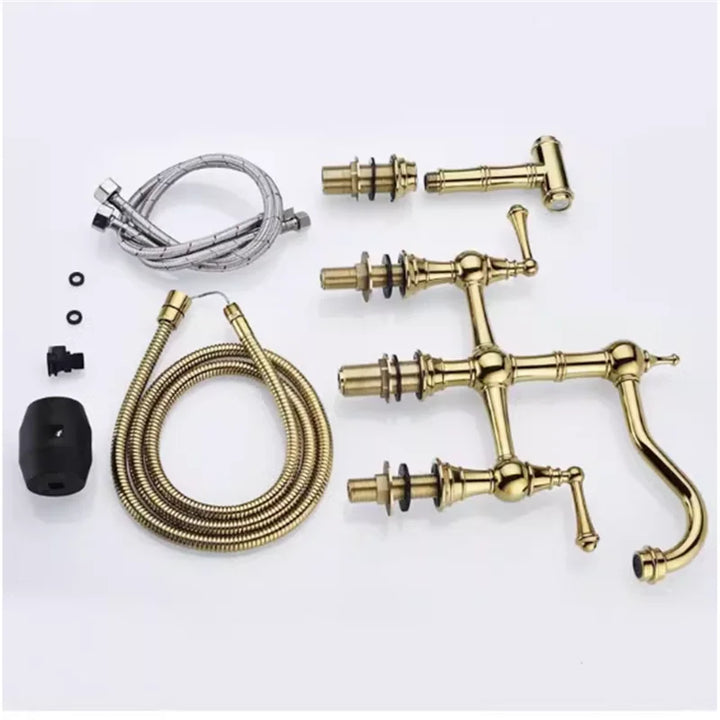 Brushed Gold-Black Victorian Bridge kitchen faucet with pull out sprayer
