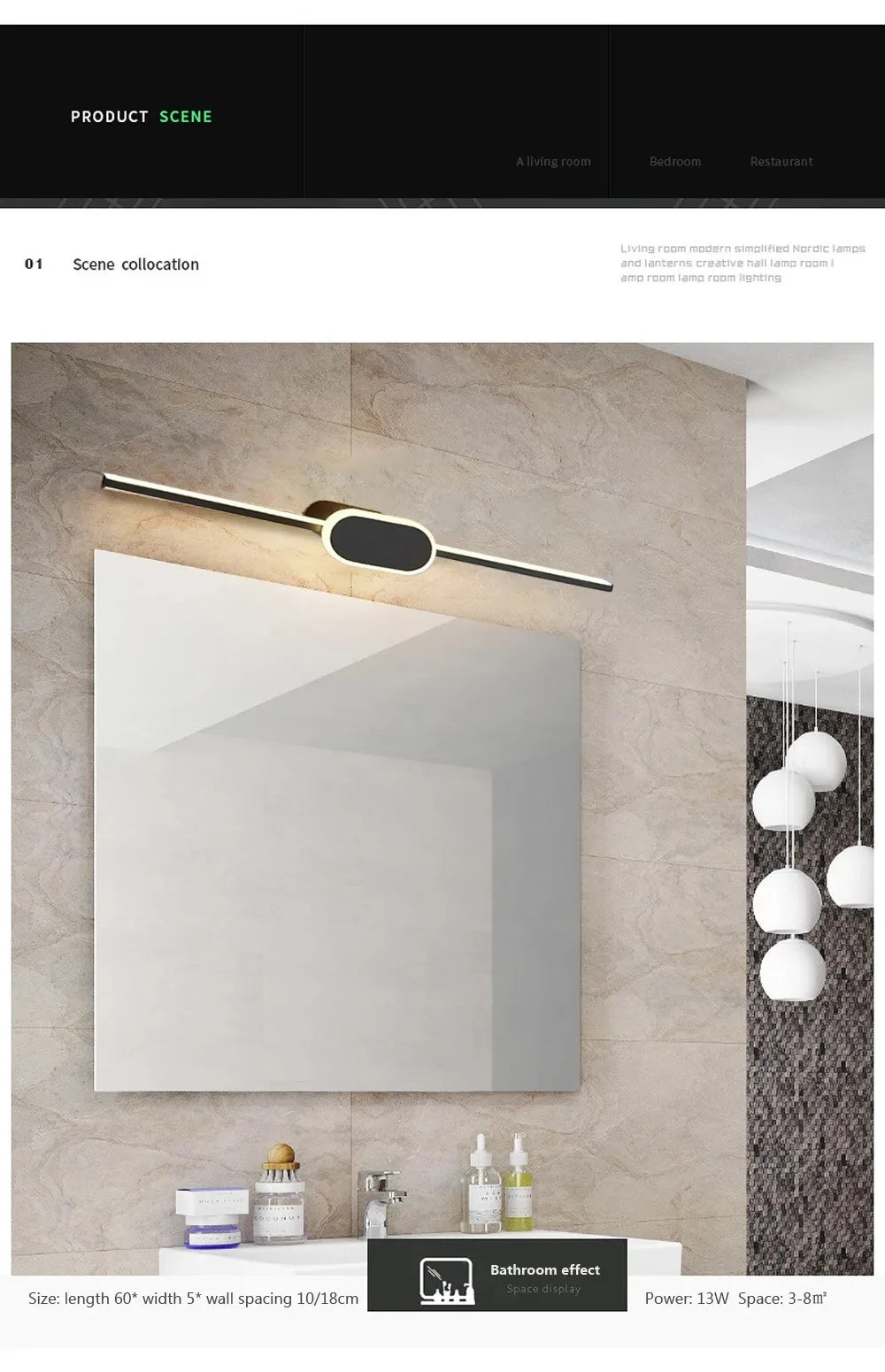 40/60/80CM Mirror Front Lamp  Bathroom Decorative Lights Mirror 40/60/80cm Long Strip Wall Sconces Living Room Indoor Fixture