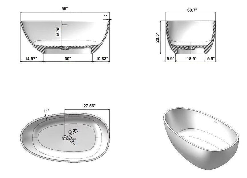 Matte white solid surface resin stone bathtub 55" inches