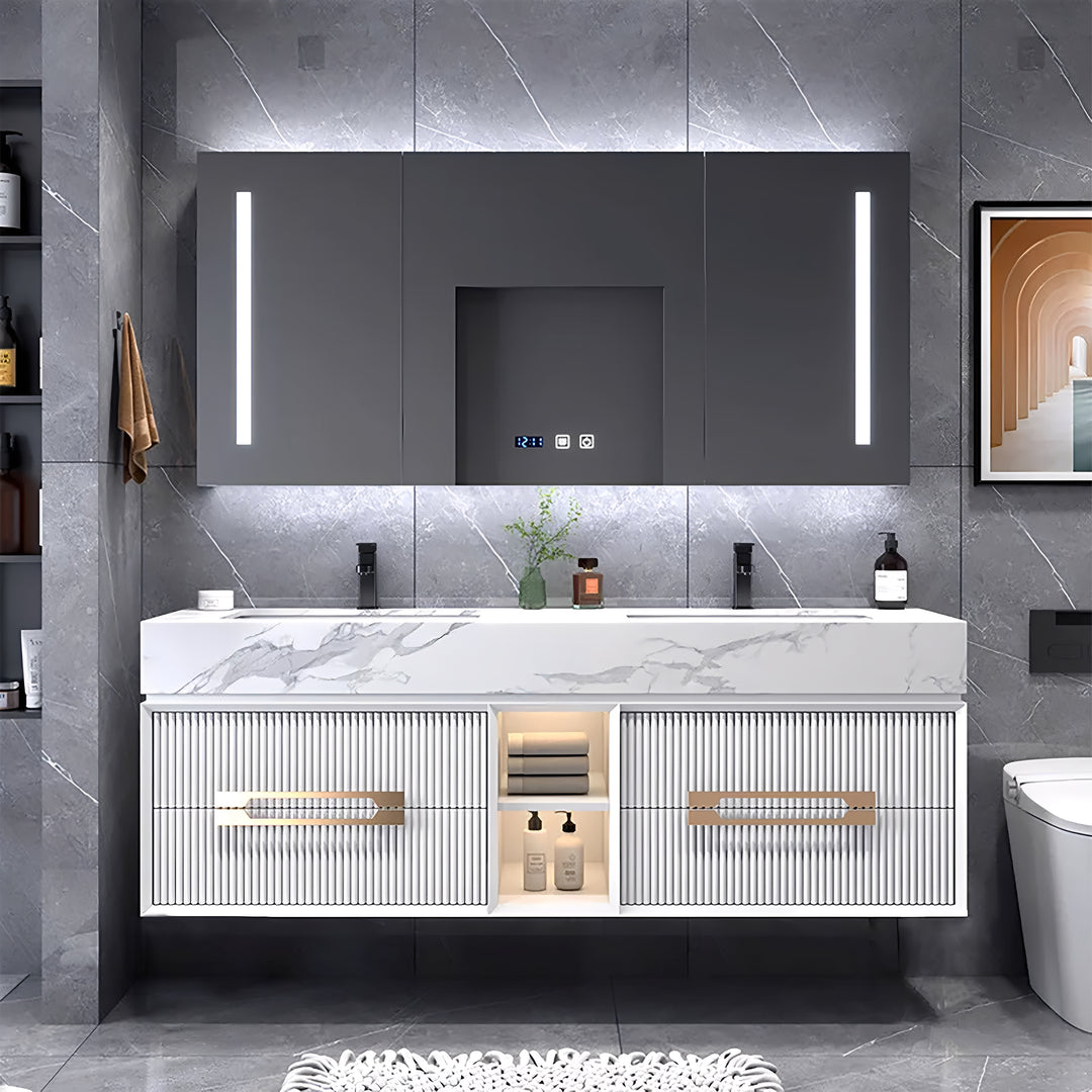 Sienna-Bathroom White Matte with Marble Natural Top Vanity completed Set with LED antifog Mirror included 60"x30"