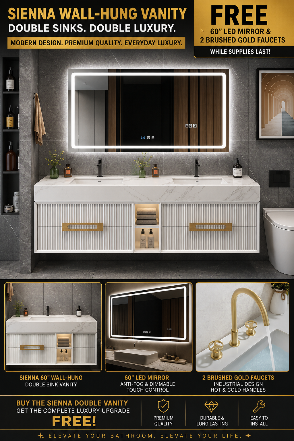 Sienna-Bathroom White Matte with Marble Natural Top Vanity completed Set with LED Mirror and Faucets
