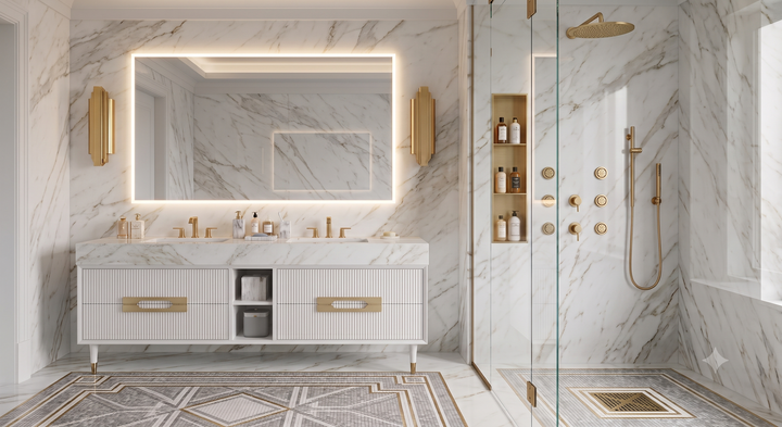 Sienna-Bathroom White Matte with Marble Natural Top Vanity completed Set with LED Mirror and Faucets