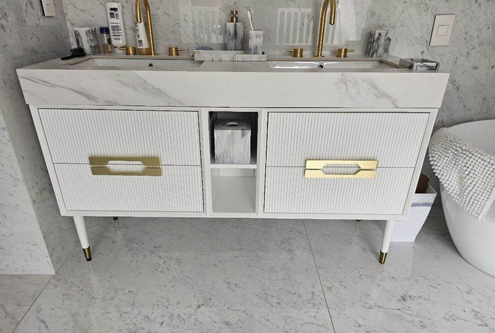 Sienna-Bathroom White Matte with Marble Natural Top Vanity completed Set with LED Mirror and Faucets
