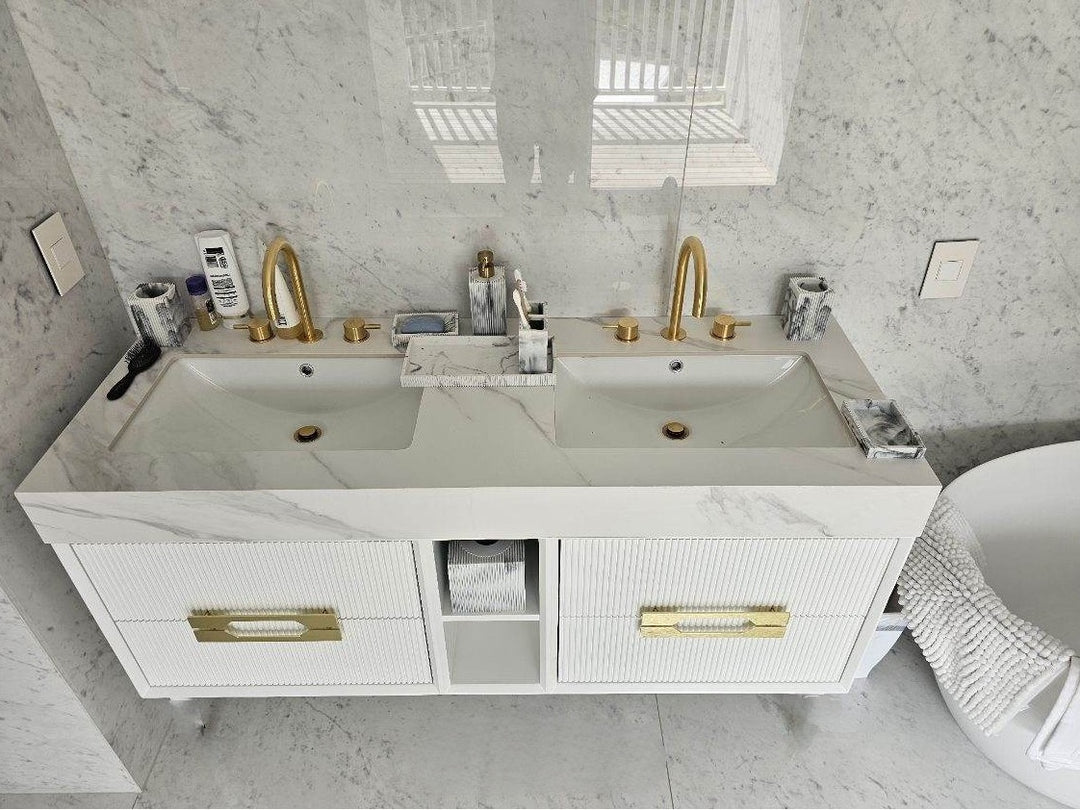 Sienna-Bathroom White Matte with Marble Natural Top Vanity completed Set with LED antifog Mirror included 60"x30"