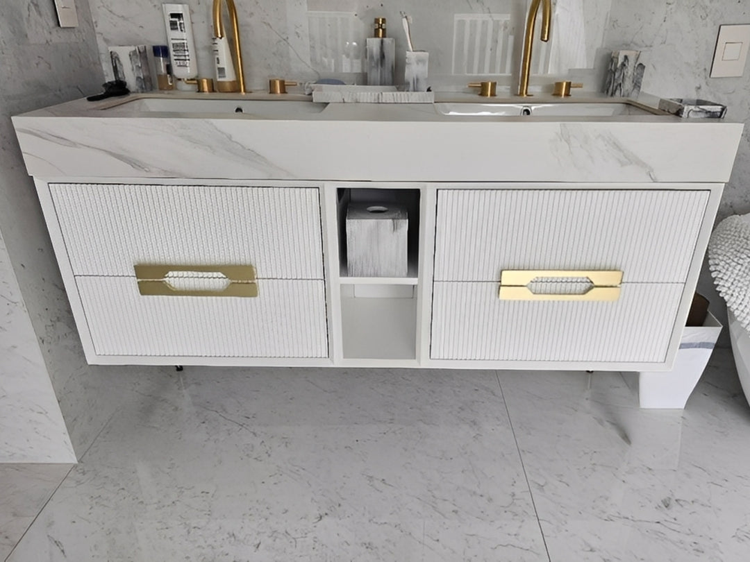 Sienna-Bathroom White Matte with Marble Natural Top Vanity completed Set with LED antifog Mirror included 60"x30"
