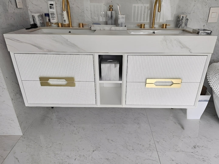 Sienna-Bathroom White Matte with Marble Natural Top Vanity completed Set with LED antifog Mirror included 60"x30"