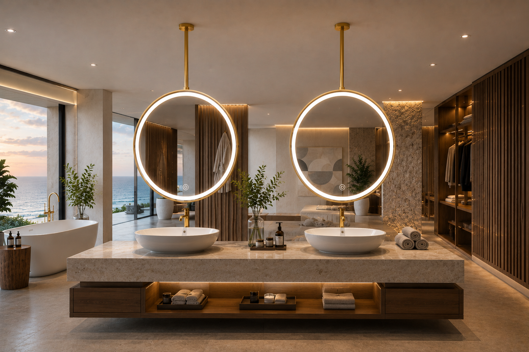 STOCK - SOL-Brushed Gold Round 2 Sided Double Glass Ceiling Pendant Suspended LED mirror 24"