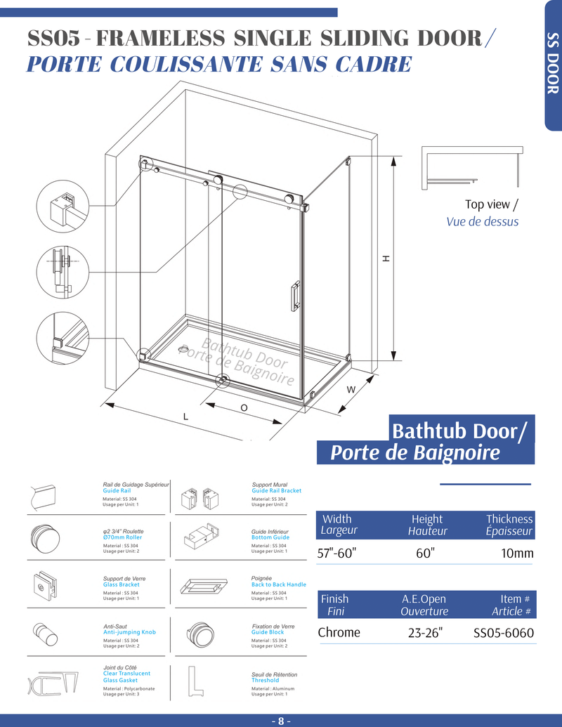 Brushed gold slide frameless single roller shower glass door SS05- 10mm- size 60"x76"