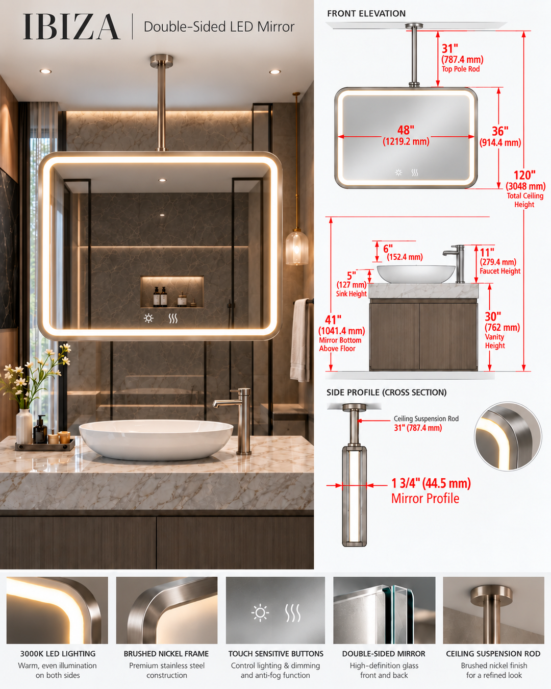 Steven Custom Brushed Nickel TV Ceiling Suspended 1 Side Glass Led Mirror