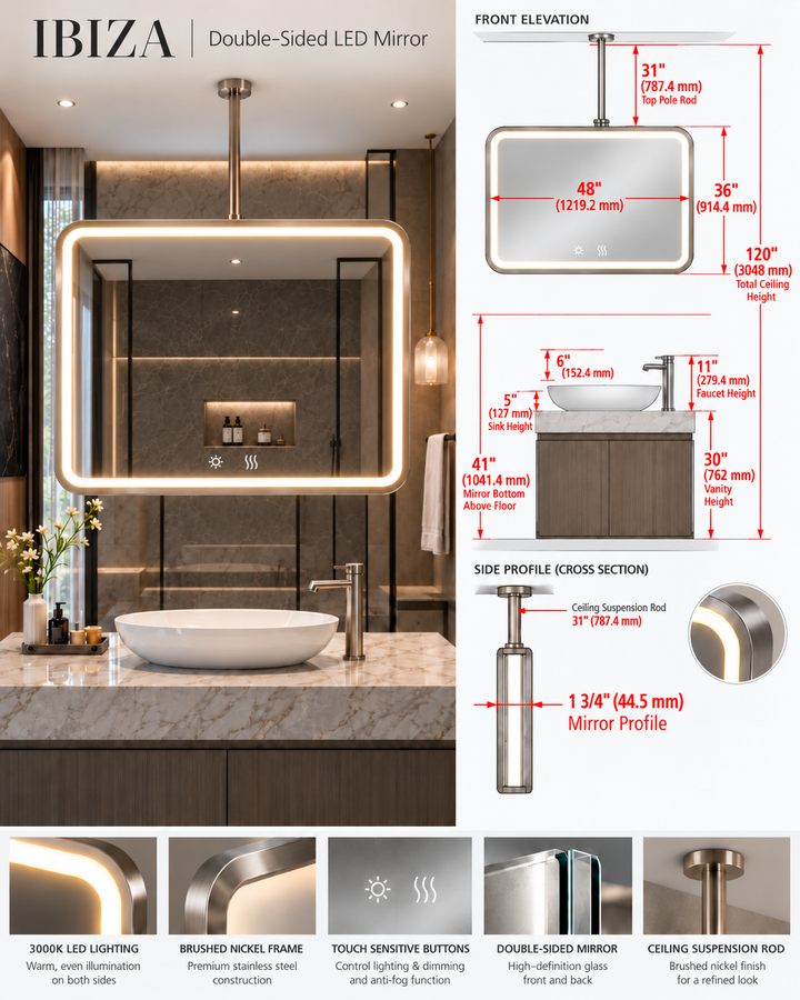 Steven Custom Brushed Nickel TV Ceiling Suspended 1 Side Glass Led Mirror