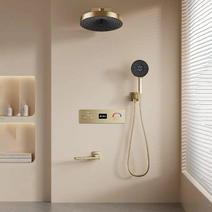 Round Thermostatic Bathroom Shower Faucet In Wall Black  Bath and Shower Faucet Set  Thermostatic Mixer Bath and Rainfall Shower